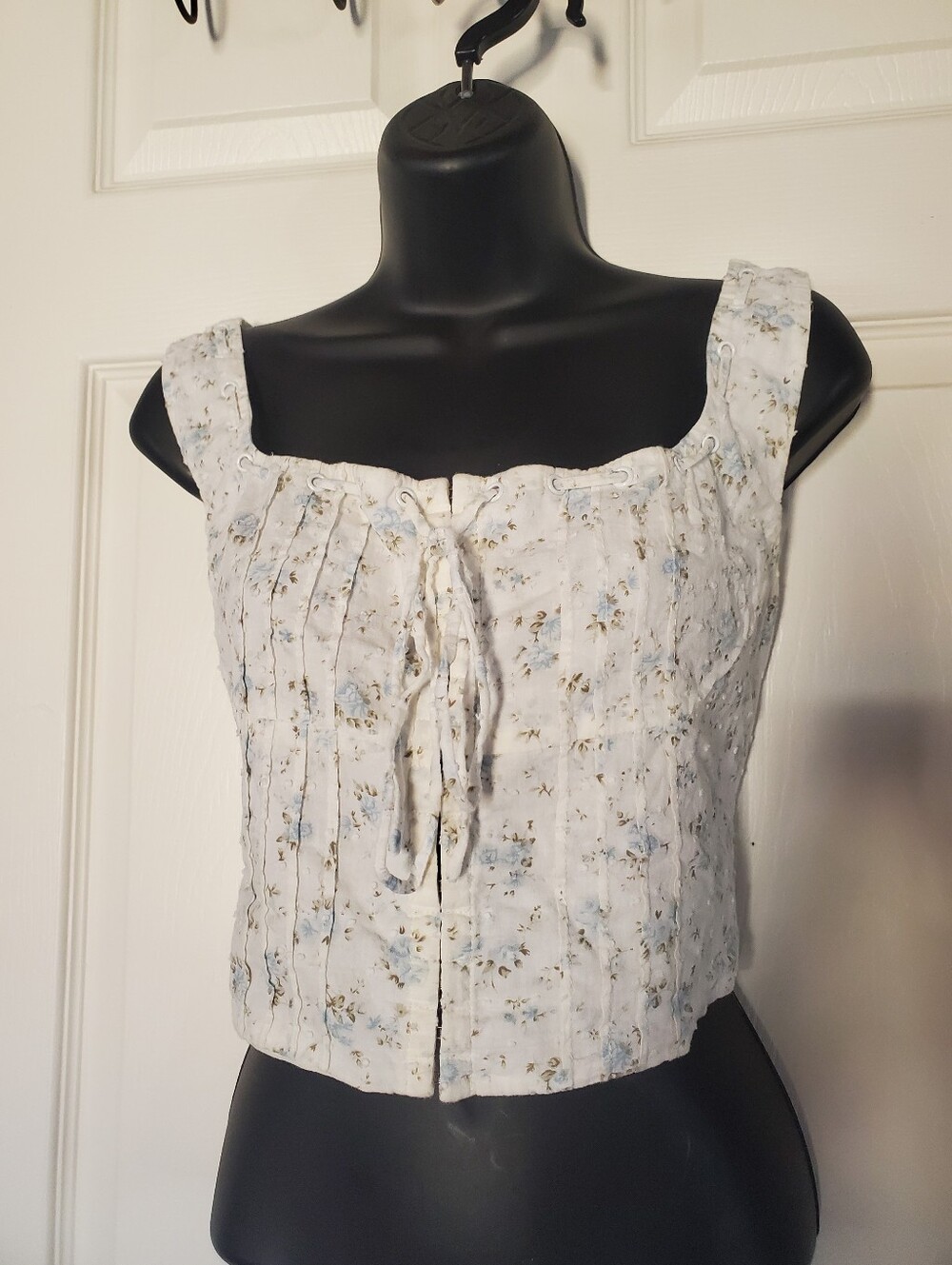 Square Neck Corset Top Cream Floral Bohemian Milkmaid Romantic Fairy Medium
